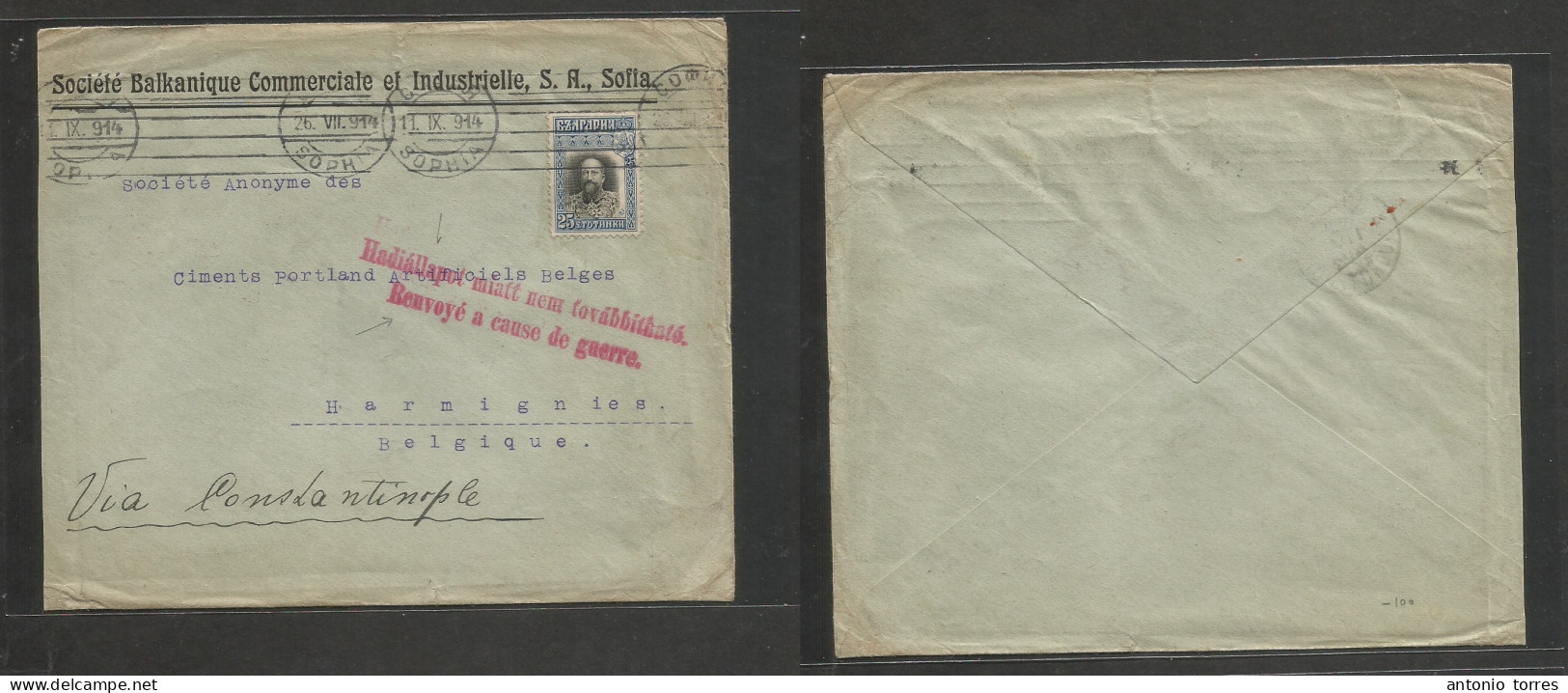 Bulgaria. 1914 (11 Sept) Sofia - Belgium, Harmignies Via Constantinople. Comercial Fkd Env, Reverse Roustouk Cds + Red S - Sonstige & Ohne Zuordnung