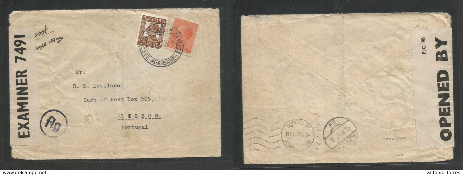 Bulgaria. 1942 (1 August) Undercover Mail. Box 506. Sofia - Portugal, Lisbon (3 Aug) Fkd Env At 16l Rate. Via Wien. Airm - Sonstige & Ohne Zuordnung