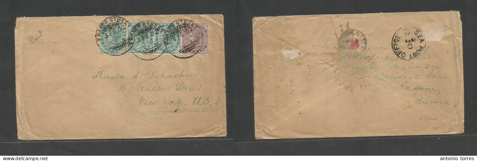 Burma. 1902 (3 Febr) British India. Fraser Street - USA, NYC (8 March) Multifkd Env QV At 2 1/2a Rate, Tied Cds, Reverse - Burma (...-1947)