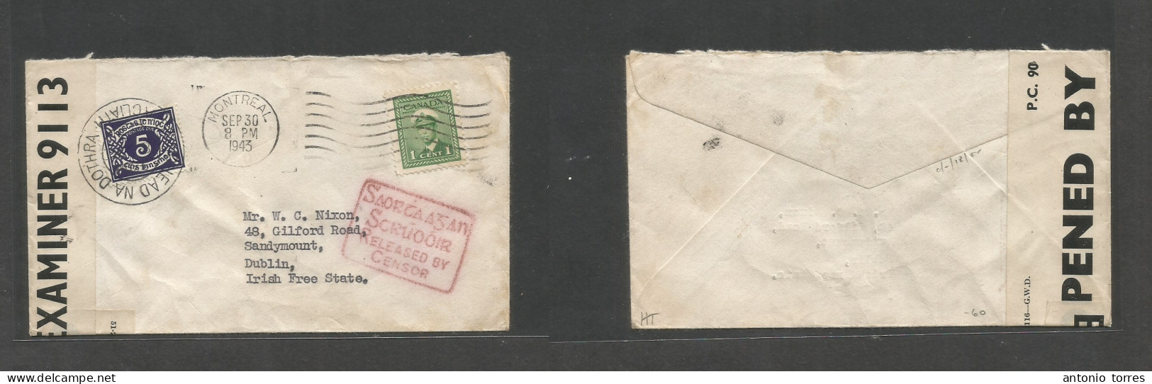 Canada. 1943 (30 Sept) Montreal - Dublin, Irish Free State. 1c Green Fkd Env, Taxed P. Due, Tied Control Cds. Canadian + - Other & Unclassified