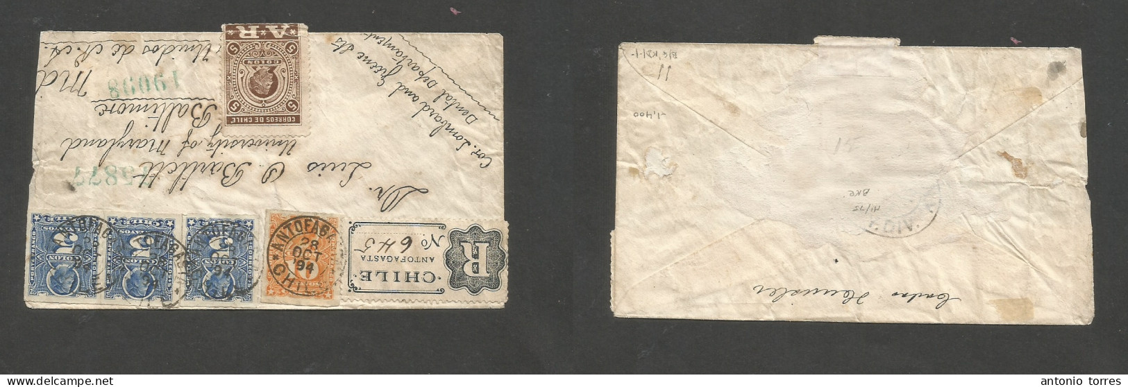 Chile. 1894 (28 Oct) Antofagasta - USA, Baltimore, Md. Registered AR Multifkd Env At 25c + 5c Brown Special AR Stamp Via - Chile
