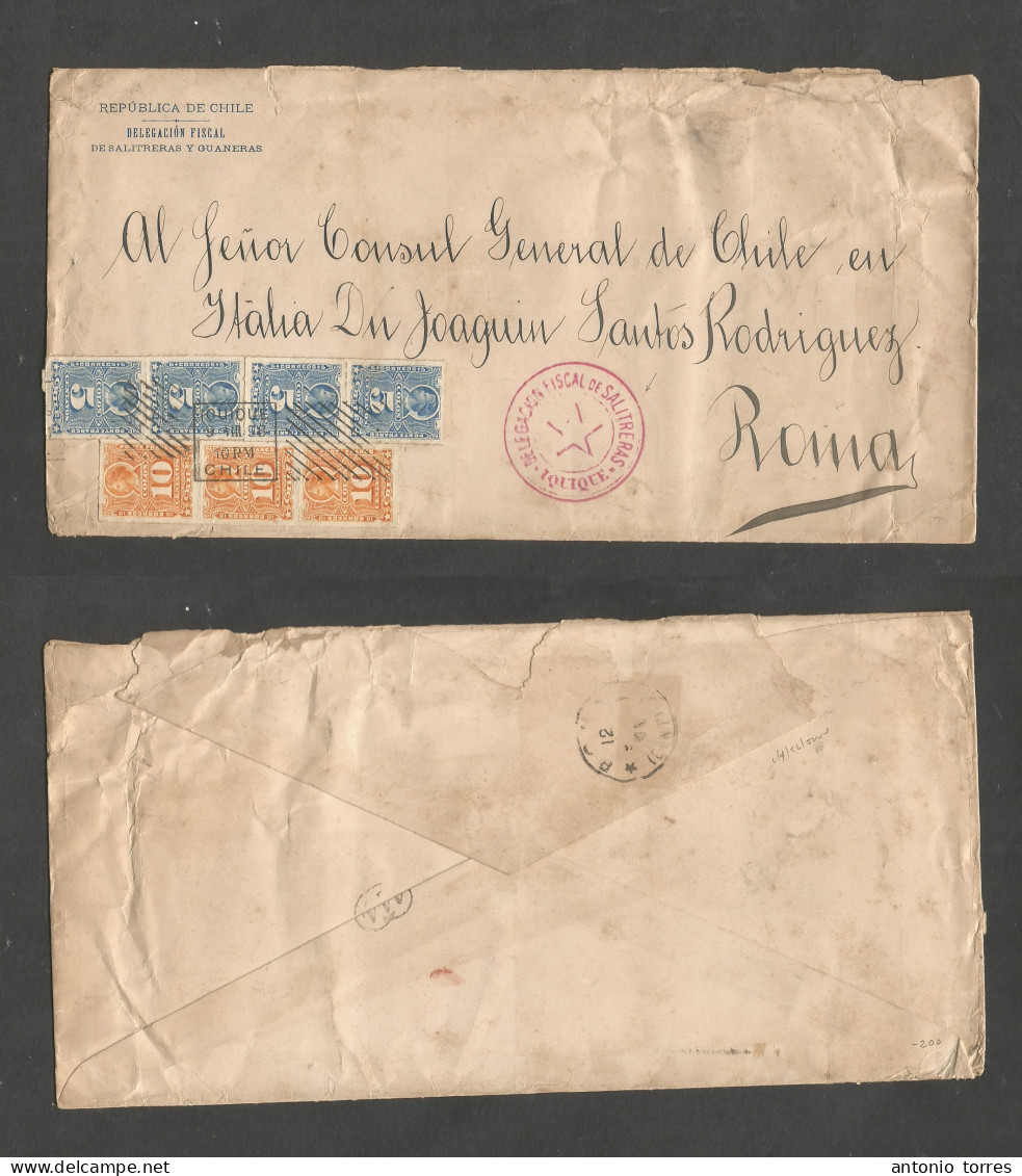 Chile. 1898 (9 Aug) Iquique - Roma, Italy (12 Sept) Salitrenas Red Cachet Multifkd Env, Reverse Transited At 50c Rate, R - Chile