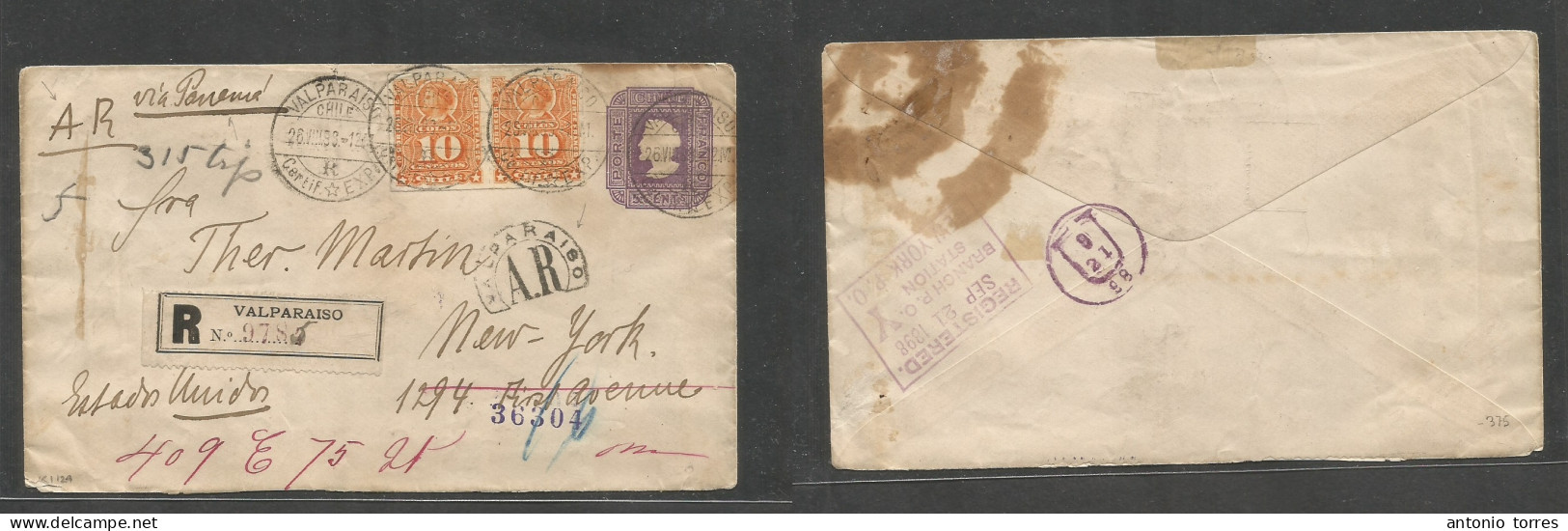 Chile. 1898 (26 Aug) Valp - USA, NYC (21 Sept) Via Panama. Registered AR 5c Lilac Wavy Paper + 2 Adtls, Tied Cds + Mns + - Chili