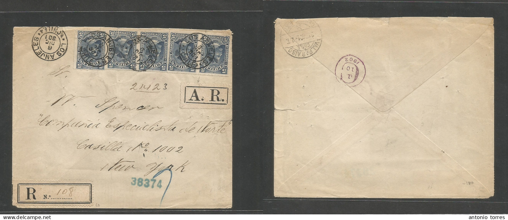 Chile. 1901 (6 Dec) Los Angeles - USA, NYC (10 Jan 1902) Registered AR Multifkd Envelope R + AR Labels, Bearing 5c Blue - Cile