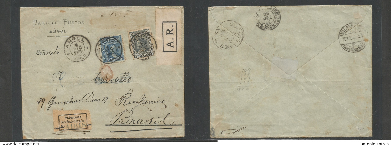 Chile - Xx. 1905 (9 Dic) Angol - Brazil, R. Janeiro (25 Dec) Via Buenos Aires. Registered AR Multifkd Mixed Issues Comer - Chili