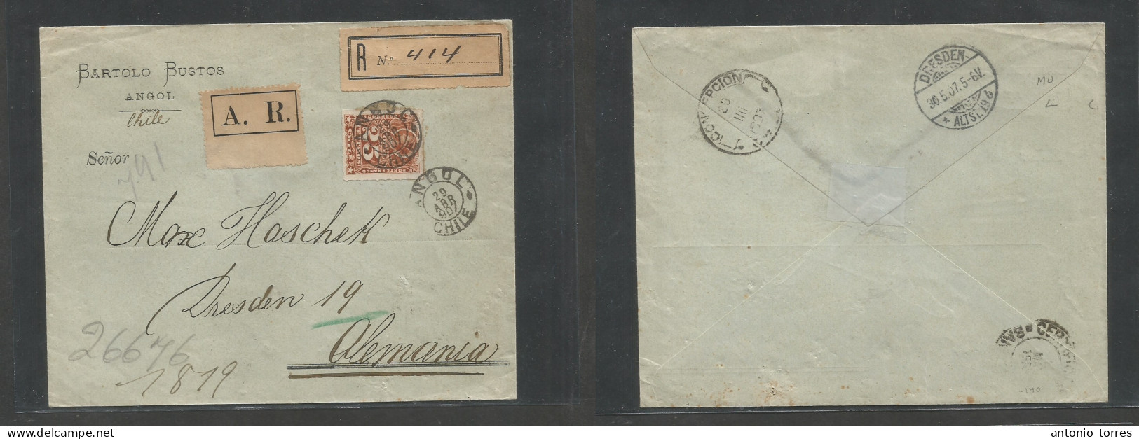 Chile - Xx. 1907 (29 Apr) Angol - Germany, Dresden (30 May) Comercial Registered AR Single 25c Brown Fkd Envelope, Tied - Chili