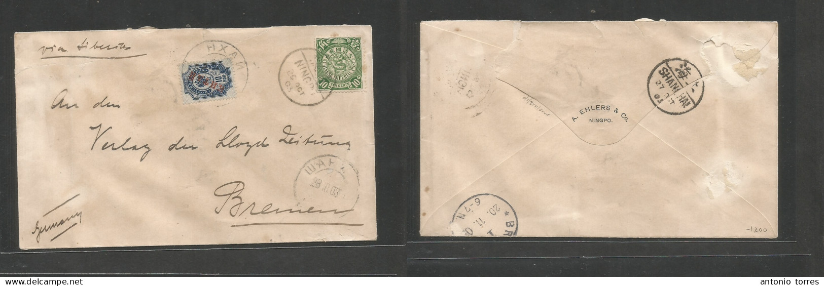 China - Xx. 1903 (20 Oct) Russian PO, Ningpo - Germany, Bremen (20 Nov) Via Siberia. Fkd Env 10c Green CIP + Russia Ovpt - Other & Unclassified