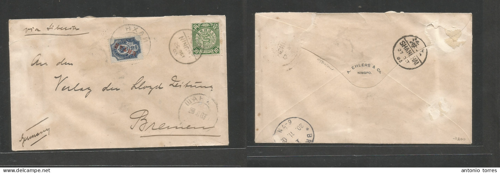 China - Xx. 1903 (20 Oct) Russian PO, Ningpo - Germany, Bremen (20 Nov) Via Siberia. Fkd Env 10c Green CIP + Russia Ovpt - Altri & Non Classificati