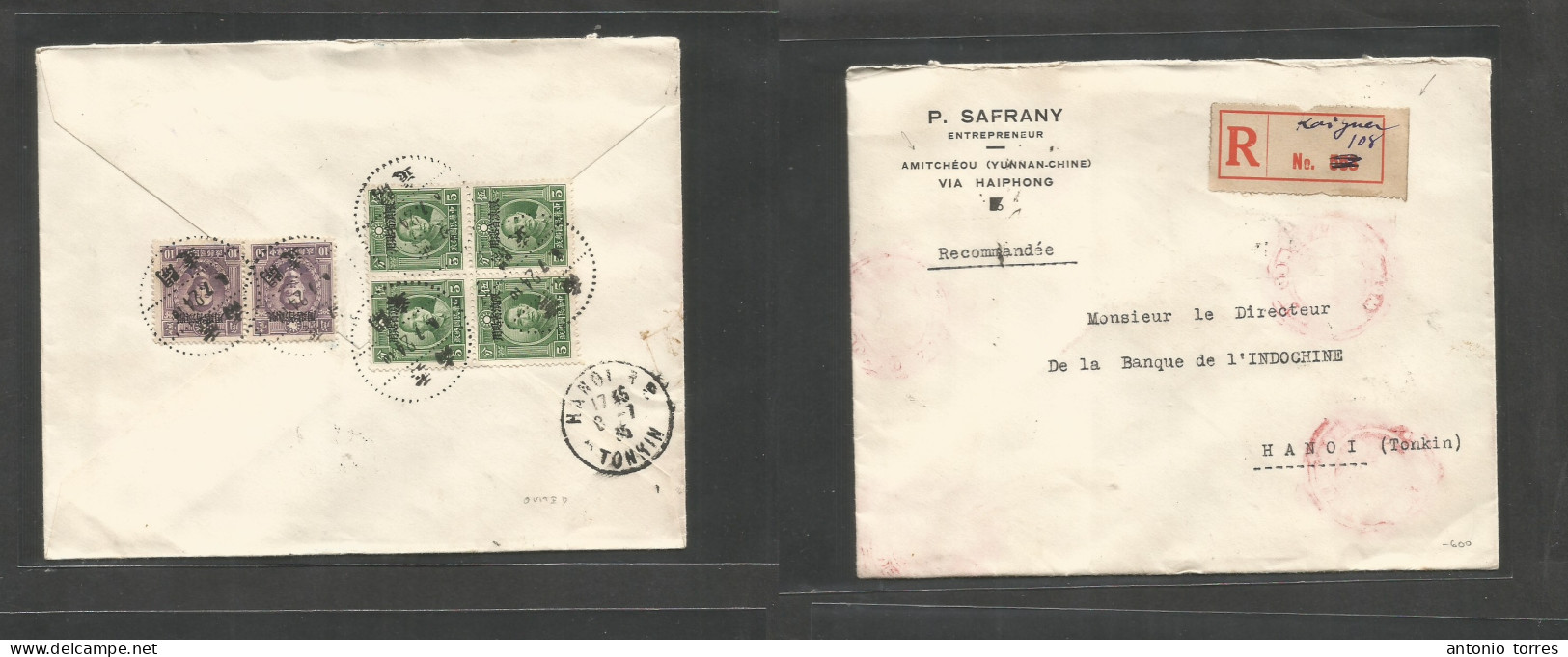 China - Xx. 1924 (6 July) Overprinted Local Issue. Amitcheon, Yunnan - Hanoi, Indochina (8 July) Reverse Multifkd Regist - Other & Unclassified