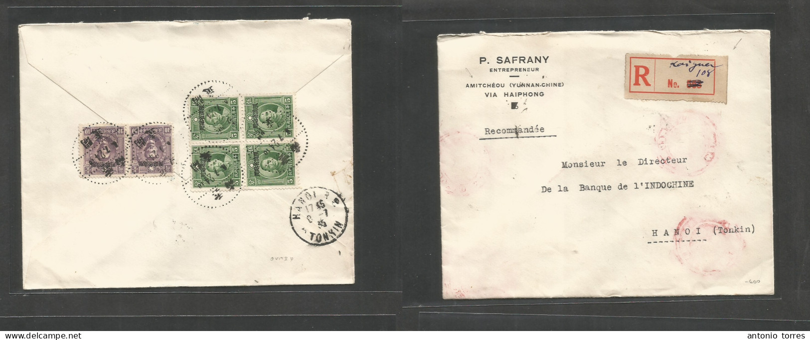 China - Xx. 1924 (6 July) Overprinted Local Issue. Amitcheon, Yunnan - Hanoi, Indochina (8 July) Reverse Multifkd Regist - Altri & Non Classificati