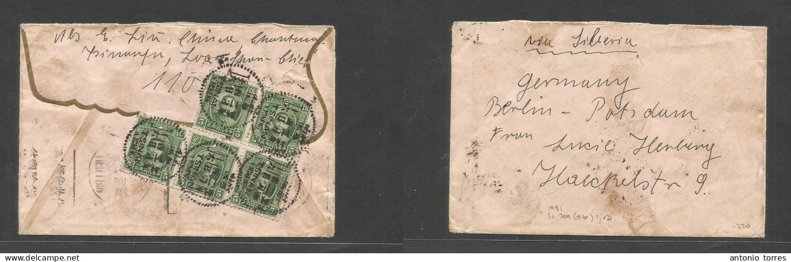 China - Xx. C. 1930. Tsinan Kicheng - Germany, Berlin Via Tientsin - Siberia. Soviet Union. Reverse Multifkd Envelope, T - Other & Unclassified