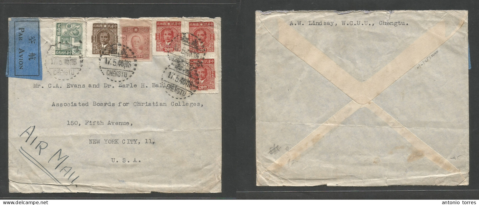 China - Xx. 1946 (17 May) Chengtu - USA, NYC. Air Multifkd Env Mixed Issues + Imperf, Tied Bilingual Town Cds (xxx) Nice - Other & Unclassified