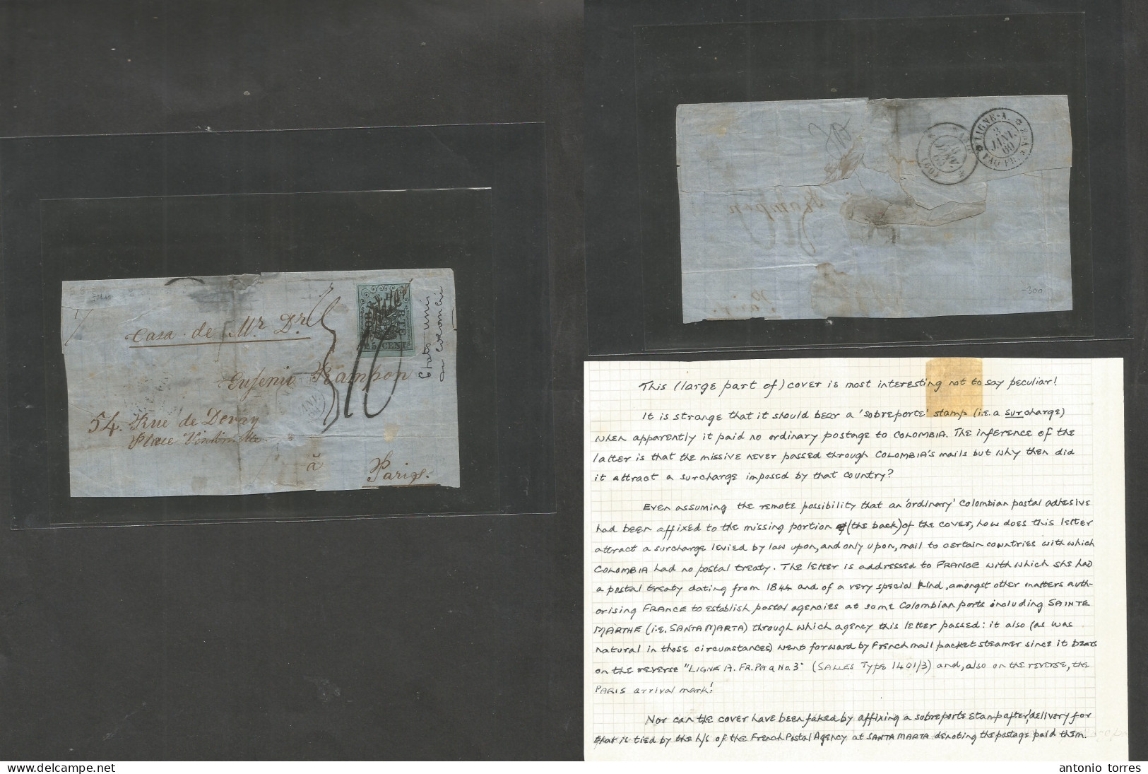 Colombia. 1869 (Jan) Santa Marta - France, Paris (28 Jan) Via Consular French Cachet + Ligne (3 Jan) Caribbe. Outer Wrap - Colombia