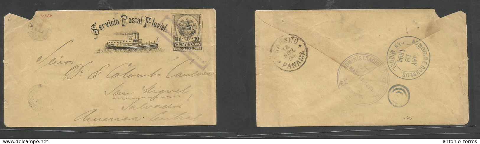 Colombia. 1894 (April) La Union - Salvador, Central America (12 May) 10c Black / Yellow Stationary Ship Design Envelope, - Colombie