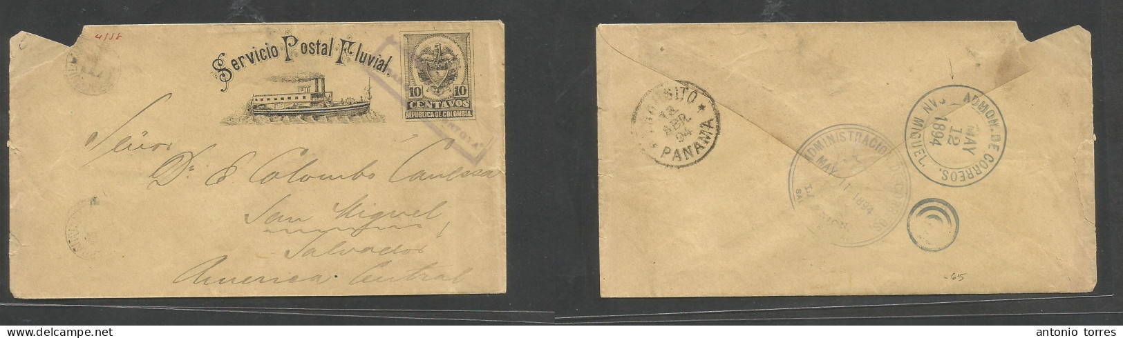 Colombia. 1894 (April) La Union - Salvador, Central America (12 May) 10c Black / Yellow Stationary Ship Design Envelope, - Colombia