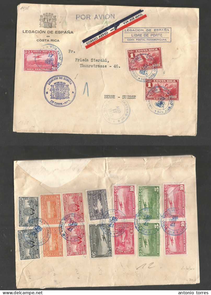 Costa Rica. 1935 (17 Aug) Spain Consular Mail. San Jose - Switzerland, Bern. Multifkd Air Envelope On Front And Reverse, - Costa Rica