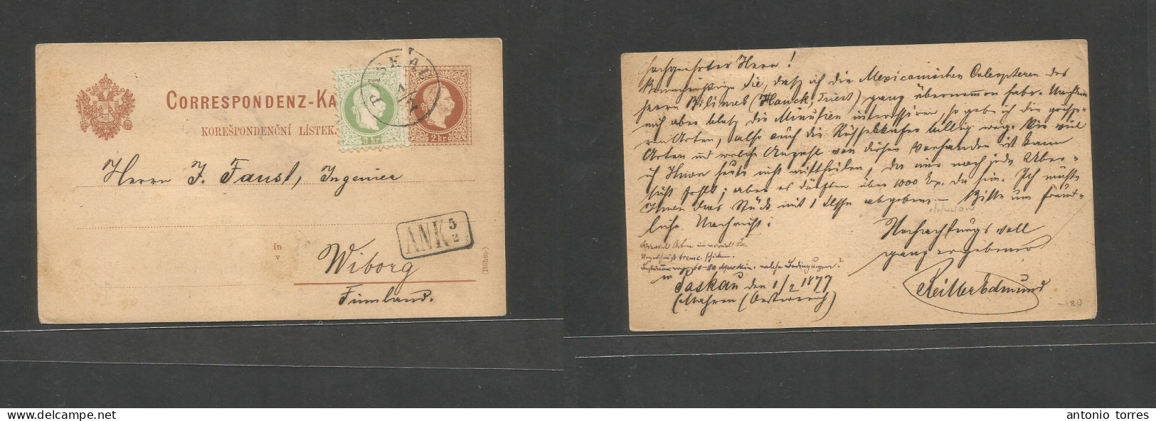 Czechoslovakia. 1877 (1 Febr) Austria Postal Admin. Paskau - Finland, Wiborg (5 Febr) 2kr Brown Czech Text Stat Card + 3 - Andere & Zonder Classificatie