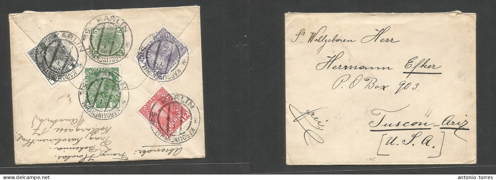 Czechoslovakia. 1908 (23 March) Austrian Postal Admin. Karlin - USA, Tucson, Arizona (territorial US) Multifkd Reverse, - Sonstige & Ohne Zuordnung