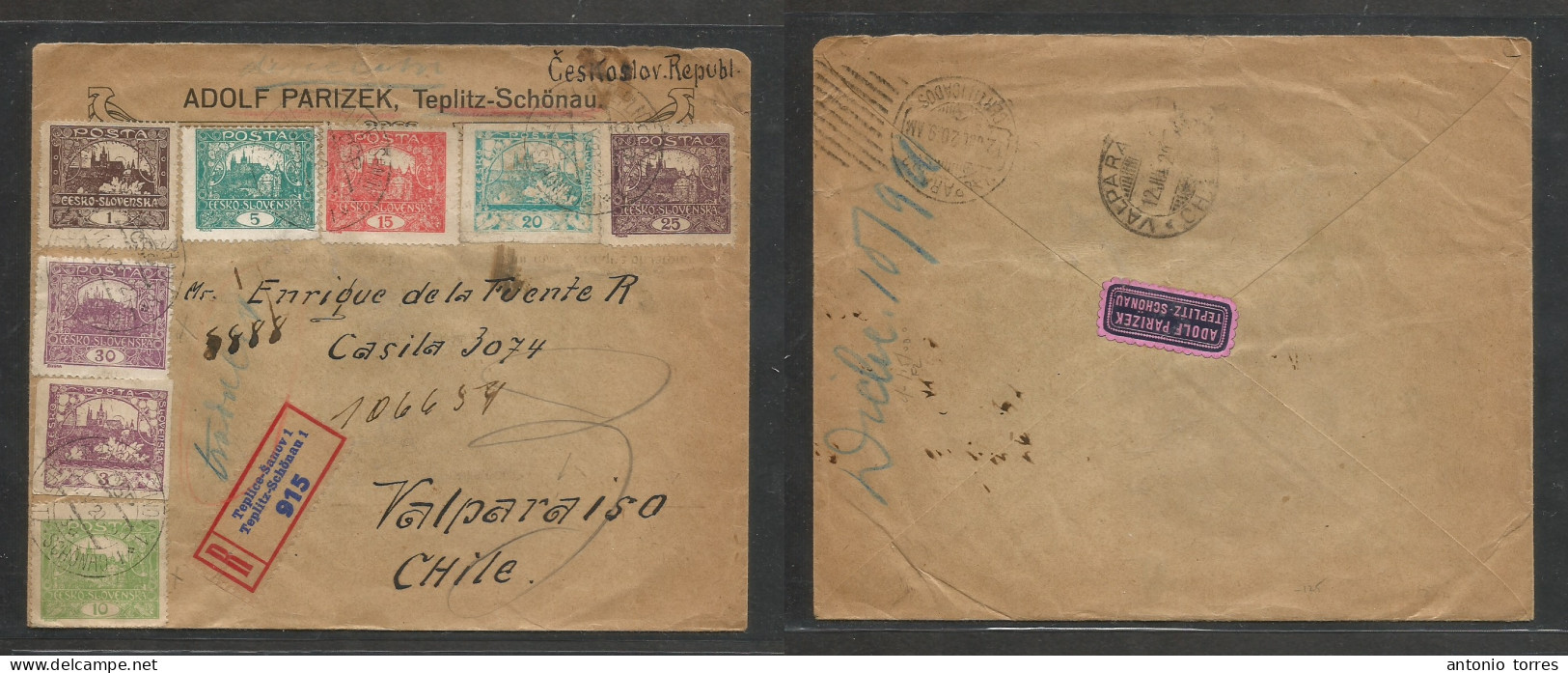 Czechoslovakia. 1920 (11 May) Tepliz - Chile, Valparaiso (12 July) Registered Comercial Multifkd Envelope, Tied Cds + R- - Sonstige & Ohne Zuordnung