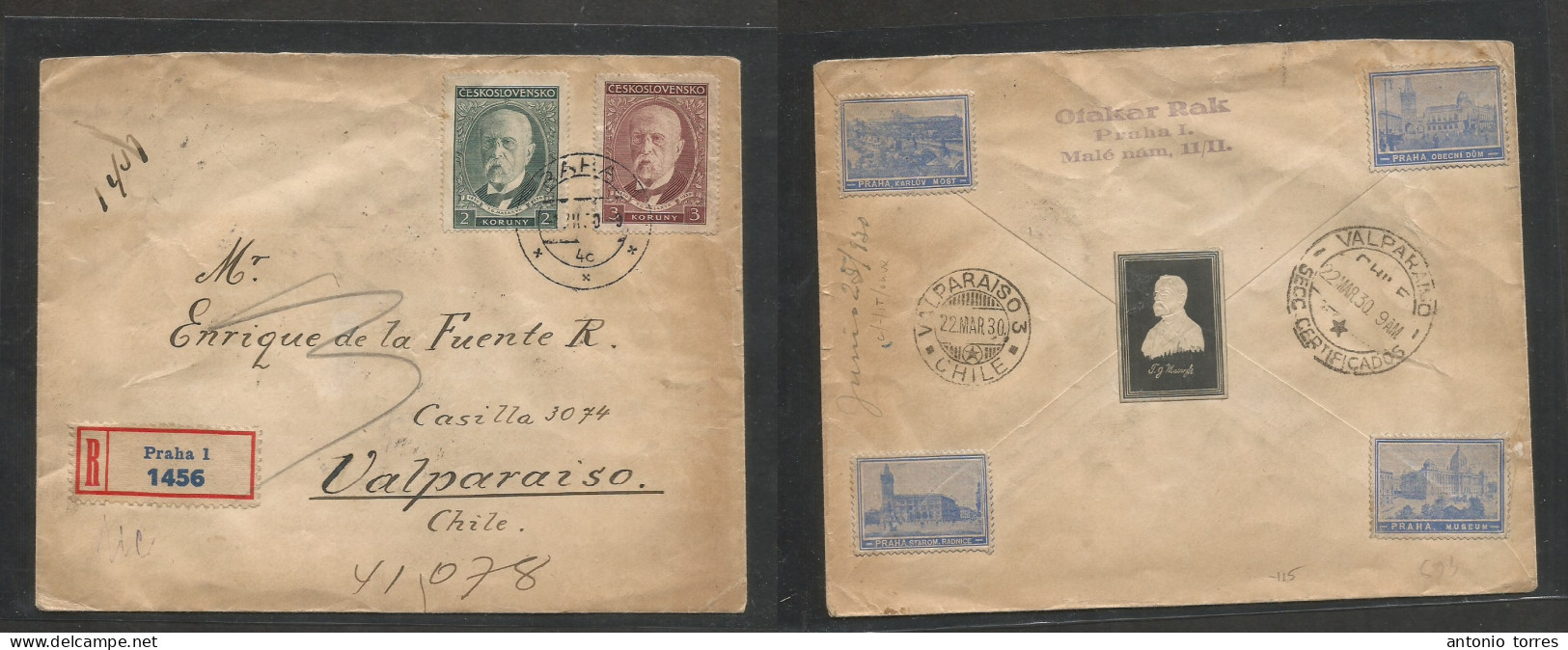 Czechoslovakia. 1930 (18 Febr) Prague - Chile, Valparaiso (22 March) South America. Registered Multifkd Env At 5 Kr Rate - Autres & Non Classés