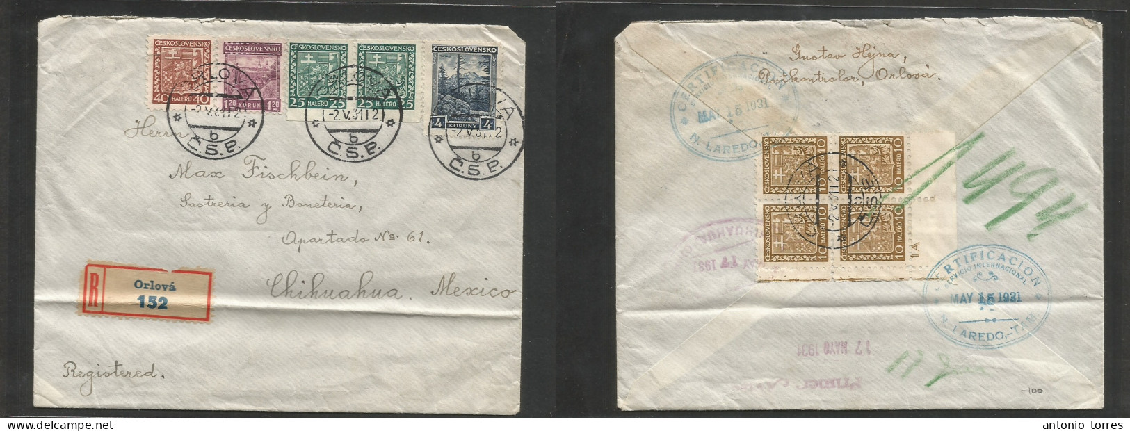 Czechoslovakia. 1931 (2 May) Orlova - Mexico, Chihuahua (15 May) Registered Multifkd Front And Reverse Envelope, Tied Cd - Other & Unclassified