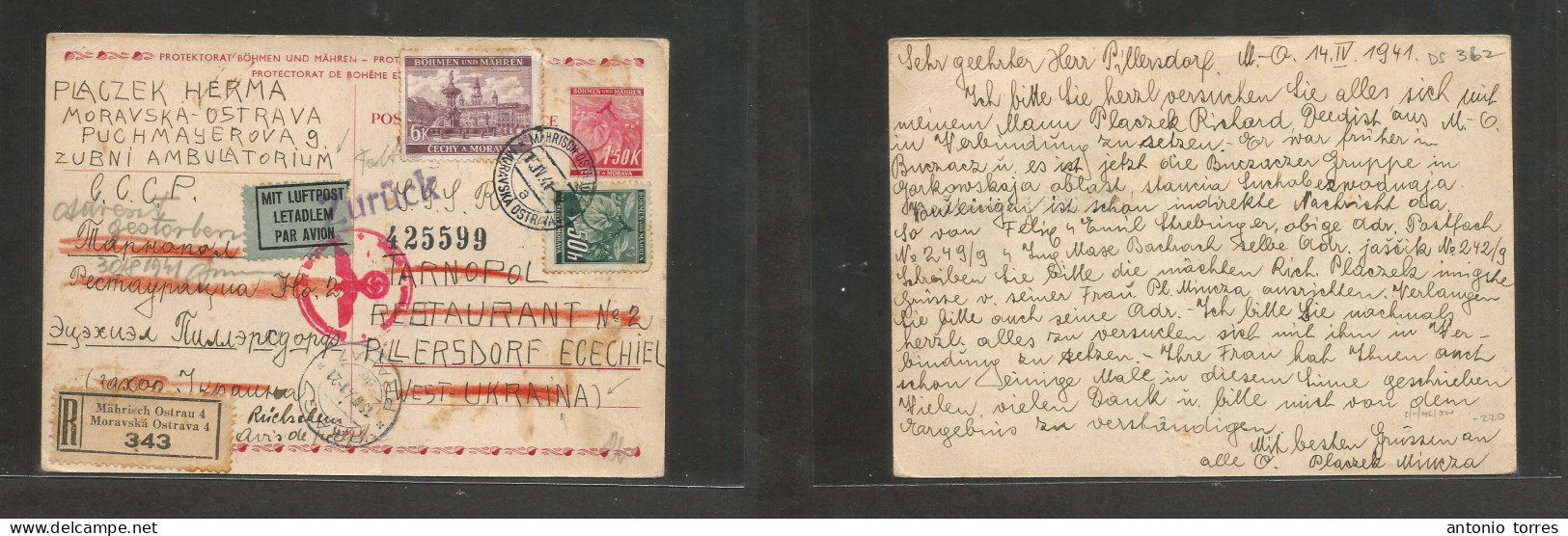 Czechoslovakia. 1941 (14 April) Pillersdorf, Mokravska Ostrava. Zubri Ambulatorium. 1,50k Red Registered Stat Card + 2 A - Altri & Non Classificati