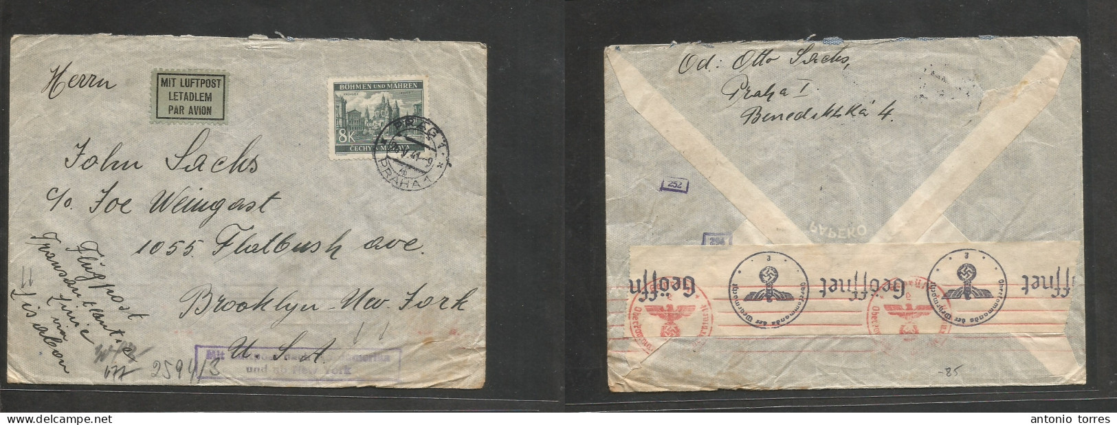 Czechoslovakia. 1941 (26 May) Prague - USA, NY, Brooklyn. Air Single 8 Korona Fkd Env, Air Violet NY Cachet Via Lisbon - - Autres & Non Classés