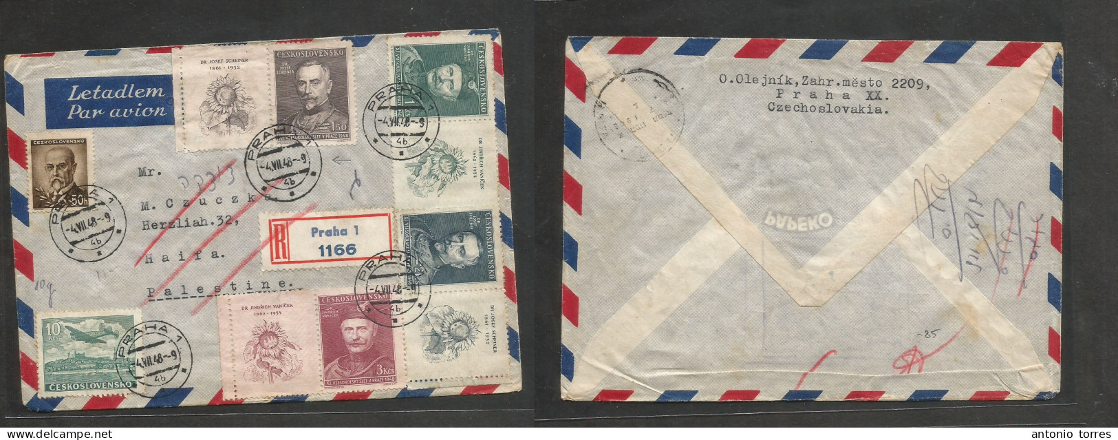 Czechoslovakia. 1948 (4 July) Prague - Palestine, Haifa (8 July) Registered Air Multifkd Env + Margin Flowers Labels. Re - Other & Unclassified