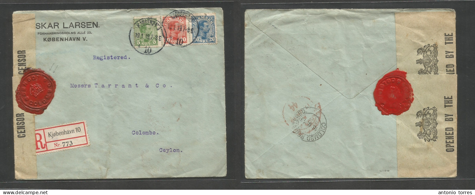 Denmark. 1919 (10 Jan) Cph - Ceylon, Colombo, Indian Ocean (16 Feb) Registered Tricolor Comercial Multifkd Env At 35 Ore - Other & Unclassified