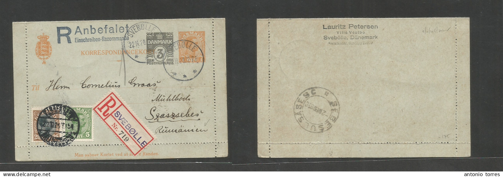 Denmark. 1920 (22 Nov) Svebolle - Romania Szaszsebes (2 Dec) Registered Multifkd Doble Print Stationary Lettersheet At 4 - Andere & Zonder Classificatie