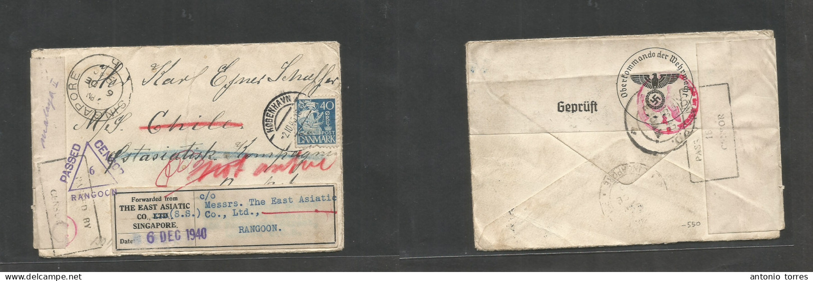 Denmark. 1940 (2 Oct) Cph - Siam, Bangkok Via Singapore - Burma, Rangoon (7 Dec) Fwded. 40 Ore Blue Fkd Env + Singapore - Other & Unclassified