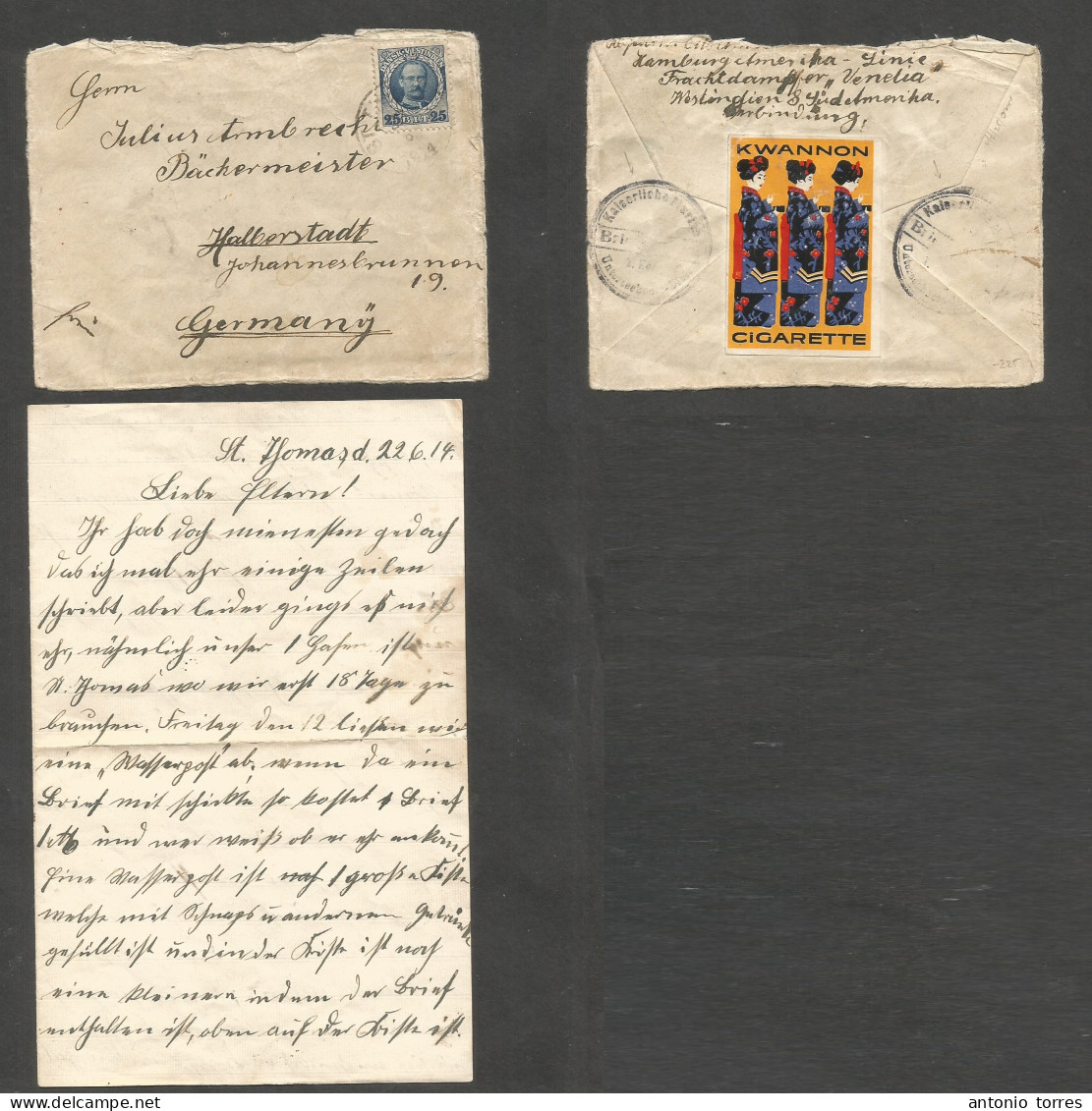 D.W.I.. 1914 (22 June) St. Thomas - Germany, Halberstad, Fkd Env With Contains, Single 25c Blue, Tied Cds Reverse Japoni - Antilles