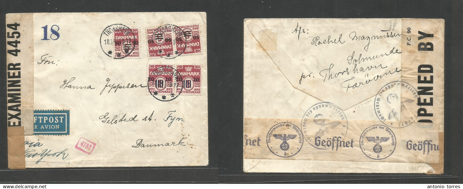 Faroe Isl.. 1941 (18 March) Thorshavn - Denmark, Gelsted. Air Multifkd Env, Ovptd Issue At 190 Ore Rate, Cds, With Briti - Färöer Inseln