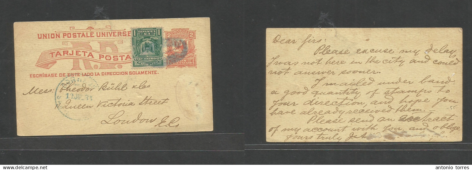 Dominican Rep. 1886 (12 July) Santo Domingo - London, UK. 2c Red Stat Card + 1c Green Adtl Tied Oval Town Ds + Cds Along - Dominicaine (République)