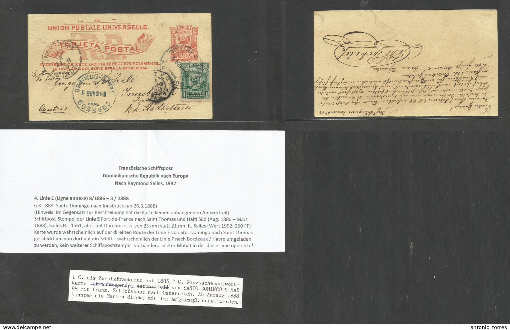 Dominican Rep. 1888 (3 March) Ingenio La Duquesa - Austria, Innsbruck (26 March) 2c Red Stat Card + 1c Green Adtl, Tied - Dominicaanse Republiek