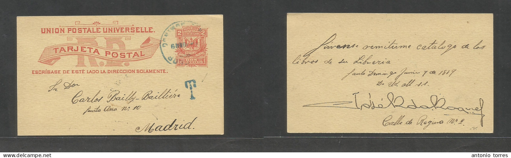 Dominican Rep. 1889 (7 March) Santo Domingo - Madrid, Spain. 2c Red Stat Card, Blue Cds + "T" Pmk. Rare Destination At T - Repubblica Domenicana