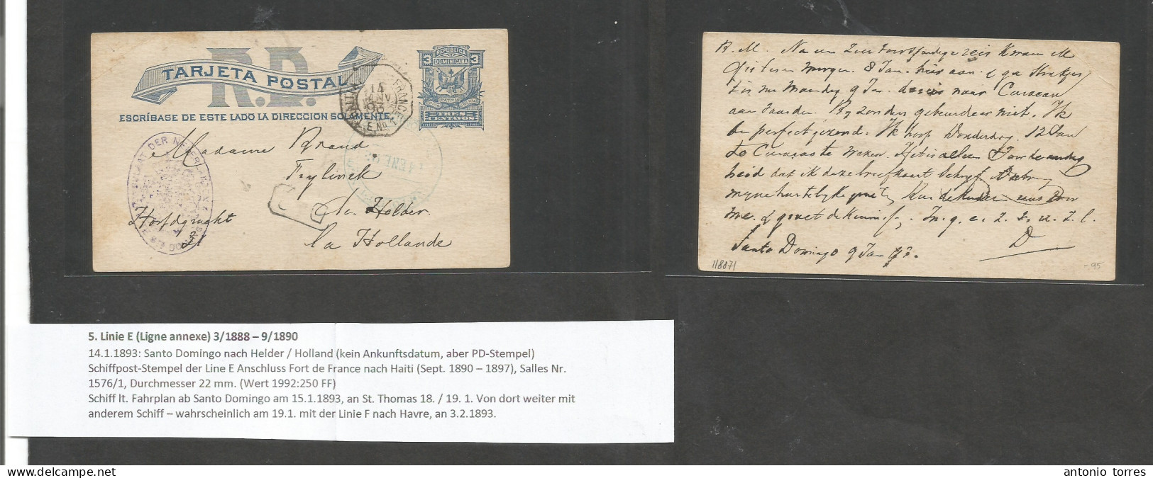 Dominican Rep. 1893 (4 Ene) Santo Domingo - Netherlands, Frylinck. Dutch Consular Mail Cachet. 3c Blue Stat Card, Blue C - Dominican Republic