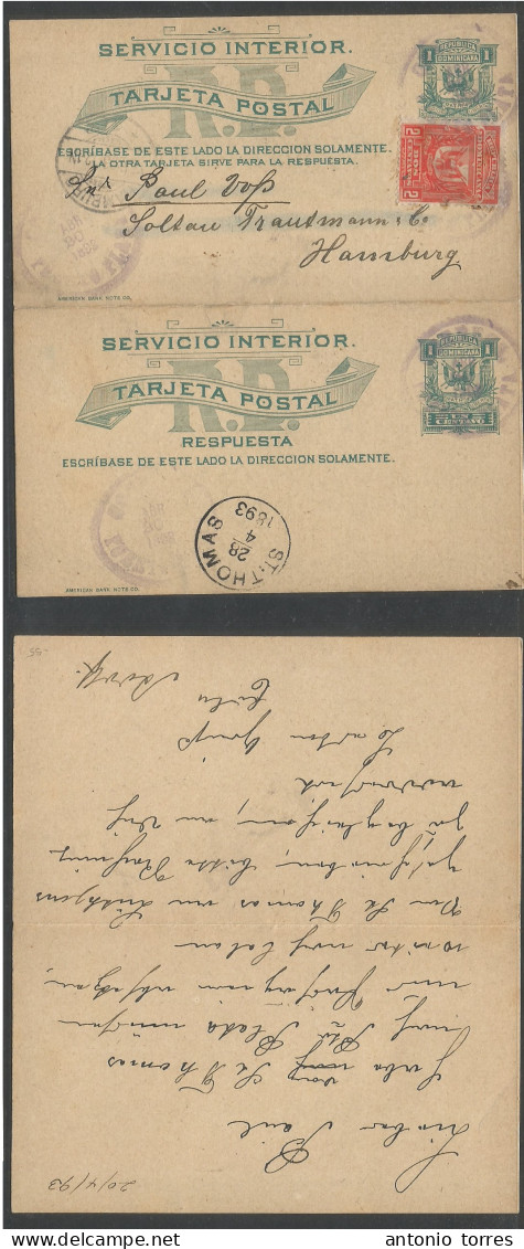 Dominican Rep. 1893 (20 April) Puerto Plata - Germany, Hamburg 1c Green Stat Internal Doble Stat Card + Adtl, Used On Wa - República Dominicana