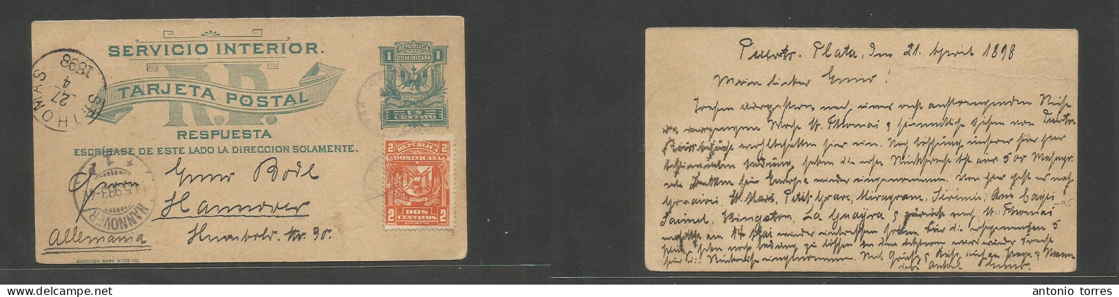 Dominican Rep. 1898 (21 April) Reply Half Usage, Puerto Plata - Germany, Hannover (4 May) Via St. Thomas, DWI (27 April) - Repubblica Domenicana