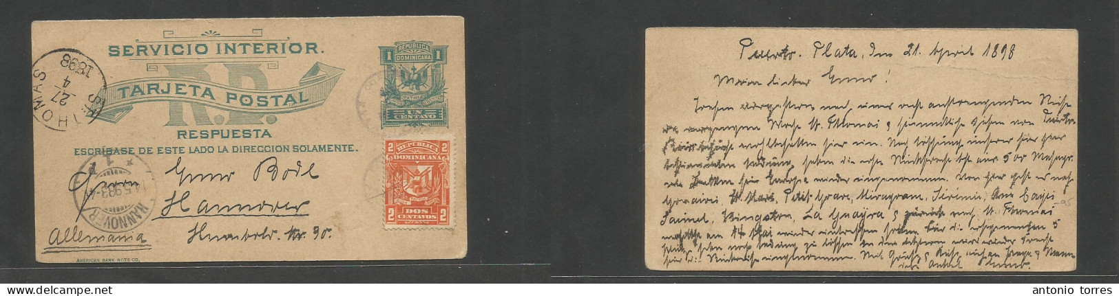 Dominican Rep. 1898 (21 April) Reply Half Usage, Puerto Plata - Germany, Hannover (4 May) Via St. Thomas, DWI (27 April) - República Dominicana