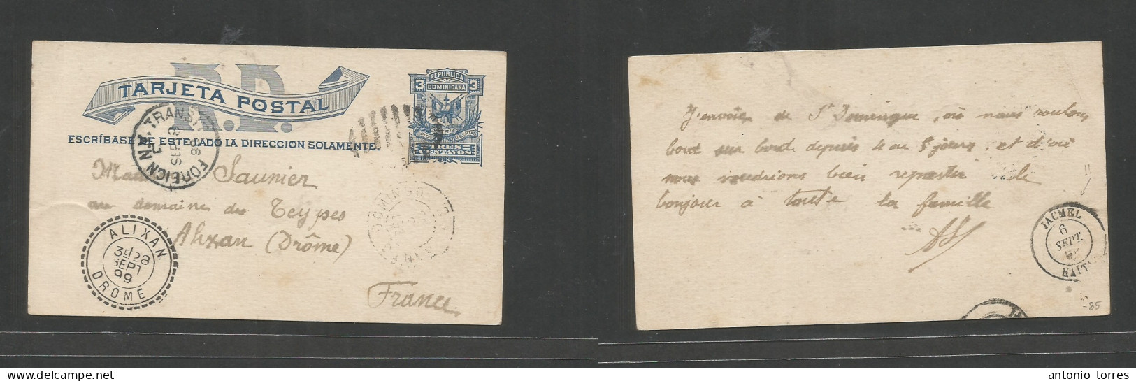 Dominican Rep. 1899 (3 Sept) Santo Domingo - France, Alixan (28 Sept) Via Haiti, Jacmel - NYC. 3c Blue Stationary Card, - Dominicaine (République)