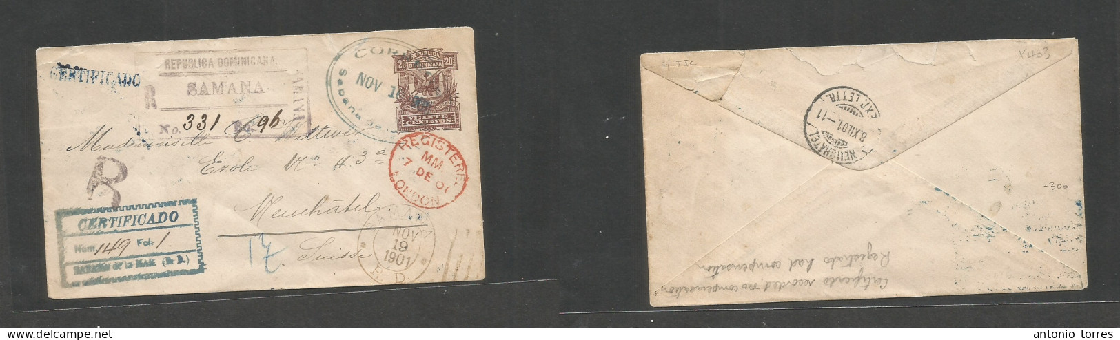 Dominican Rep. 1901 (16 Nov) Sabana De La Mar - Switzerland Neuchatel (8 Dec) Via Samana - London. Registered 20c Brown - República Dominicana