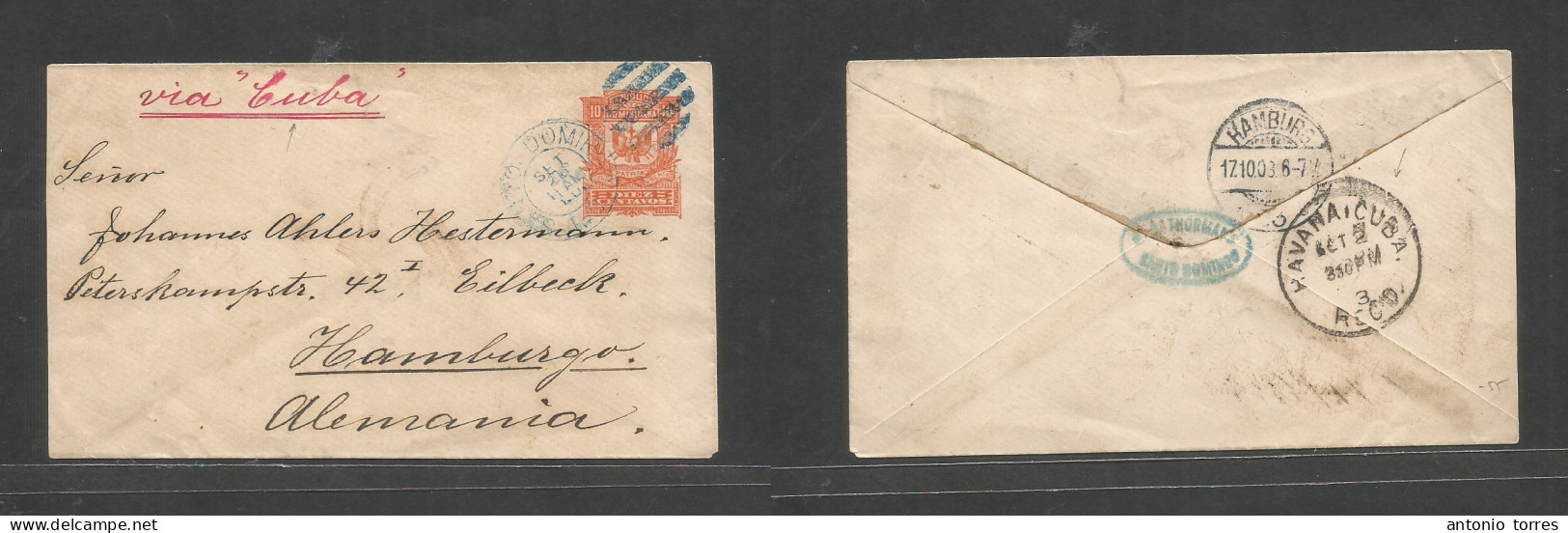 Dominican Rep. 1908 (26 Sept) Santo Domingo - Germany, Hamburg (17 Oct) Via Habana, Cuba. 10c Orange Stationary Envelope - Dominicaine (République)