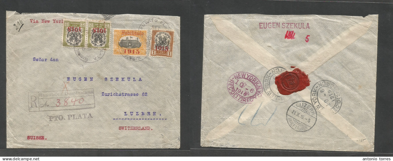 Dominican Rep. 1915 (30 Sept) 1915 Ovptd Issue. Puerto Plata - Switzerland, Luzern (21 Oct) Registered Multifkd Envelope - Dominican Republic