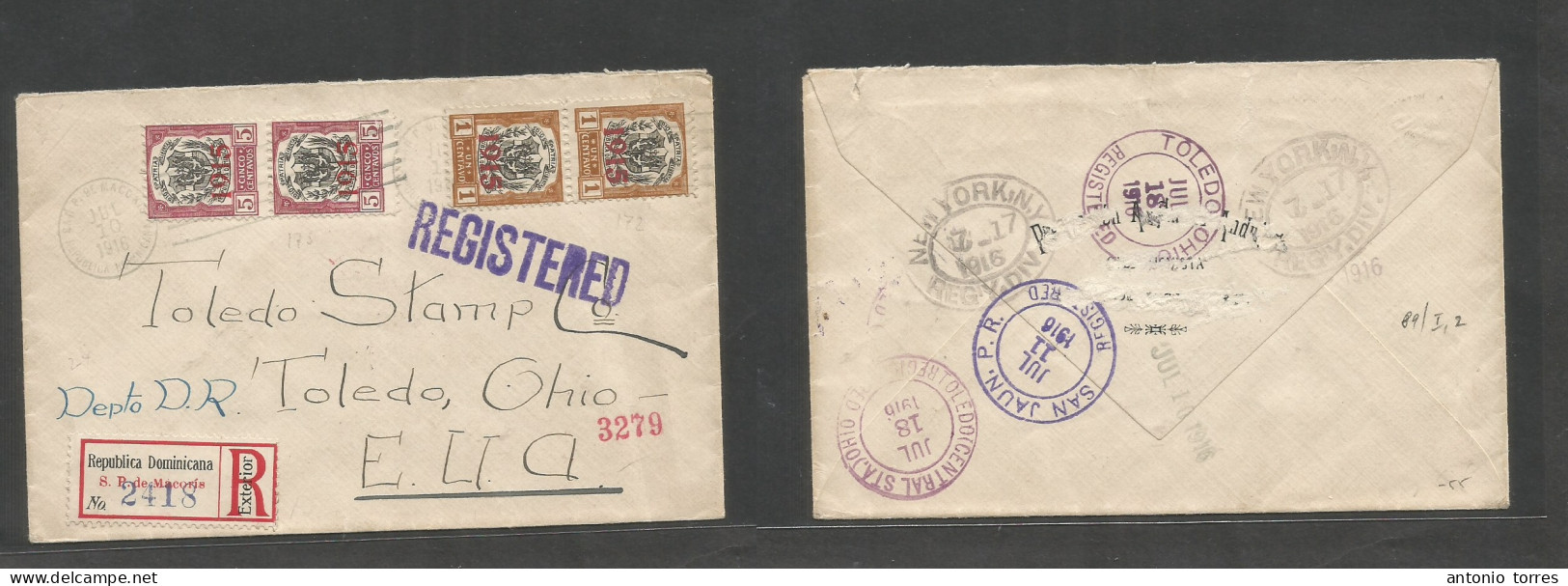 Dominican Rep. 1916 (10 July) SP Macoris - USA, Toledo, OH (18 July) Via Puerto Rico, San Juan - NYC. Registered Multifk - Dominicaine (République)