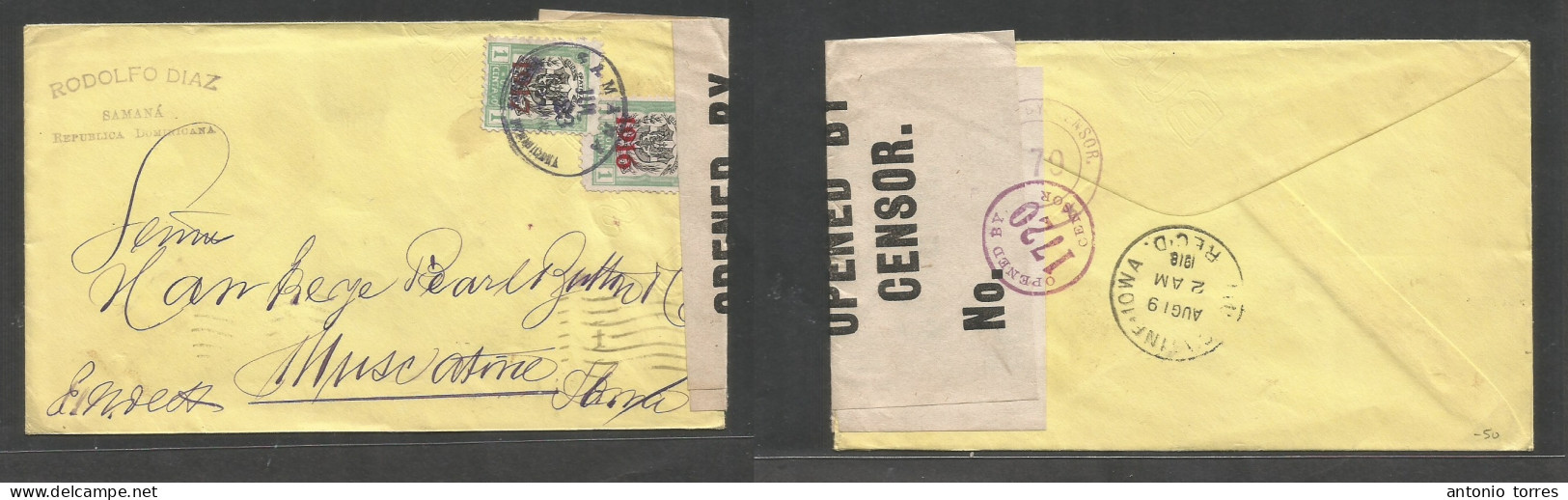 Dominican Rep. 1918 (23 July) Samara - USA, Iowa. Muscatine (19 Aug) 1916 + 1917 Ovptd Multifkd Envelope Comercial + WWI - Dominicaine (République)