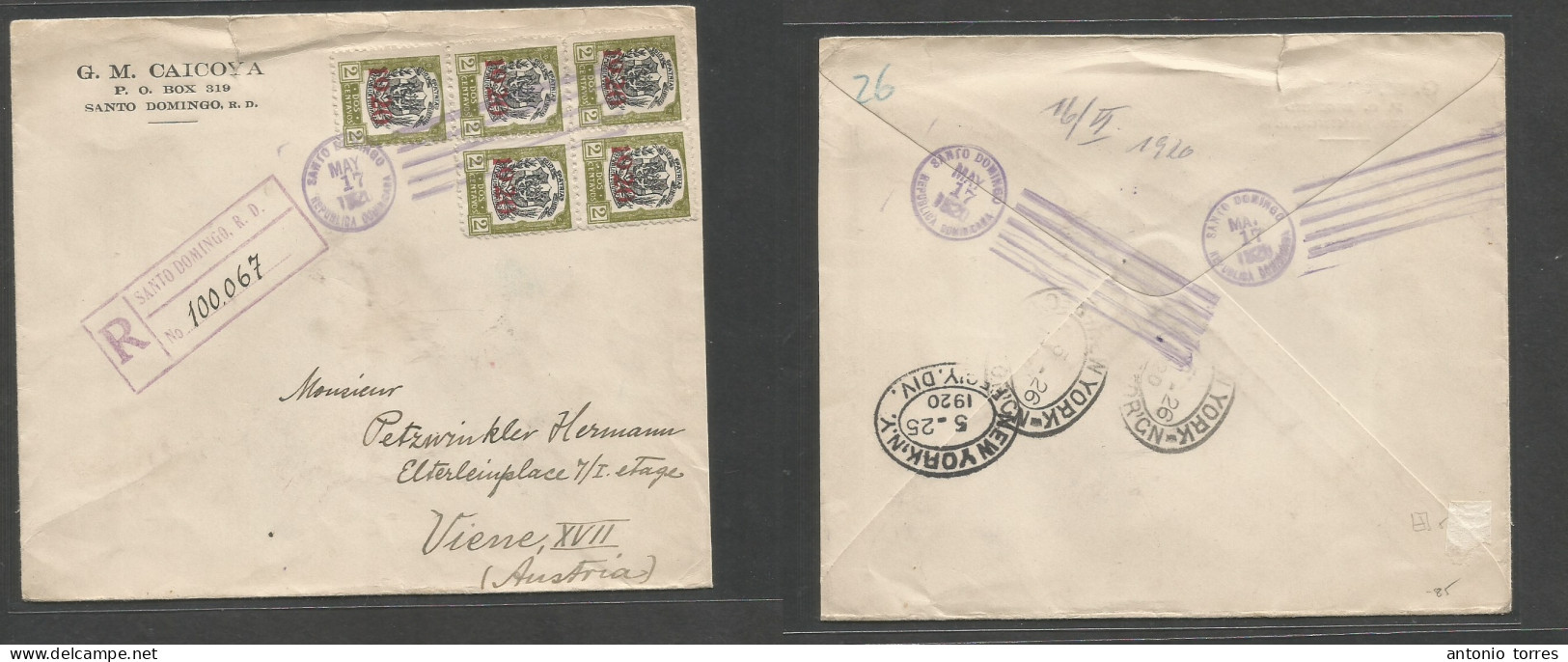 Dominican Rep. 1920 (17 May) 1920 Ovptd Issue. S. Domingo - Austria, Wien Via NYC. Registered Comercial Multifkd Env, At - República Dominicana