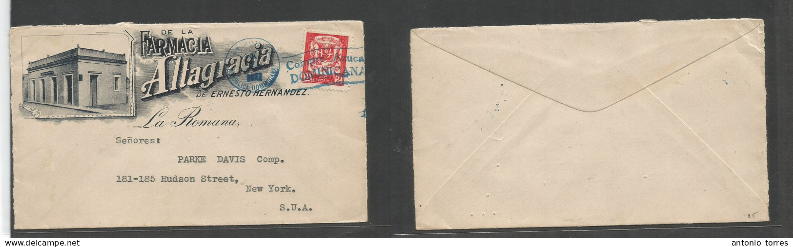 Dominican Rep. 1921 (June) La Romana - USA, NYC. Farmacia, Altagracia, Illustrated Single 2c Red Pm Rate Unsealed Fkd En - Dominicaine (République)