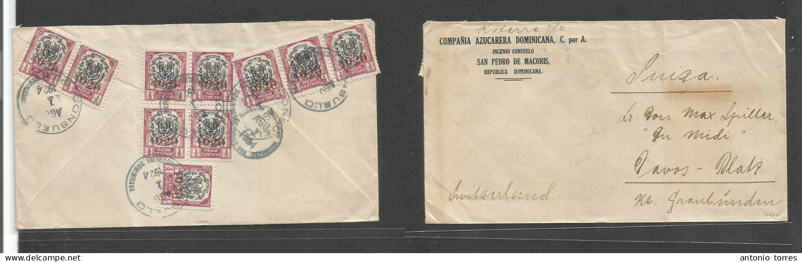 Dominican Rep. 1924 (Aug 1) 1920 Ovptd Issue. Consuelo - Switzerland, Davos, Sugat Company Reverse Multifkd Env Bearing - Dominicaine (République)