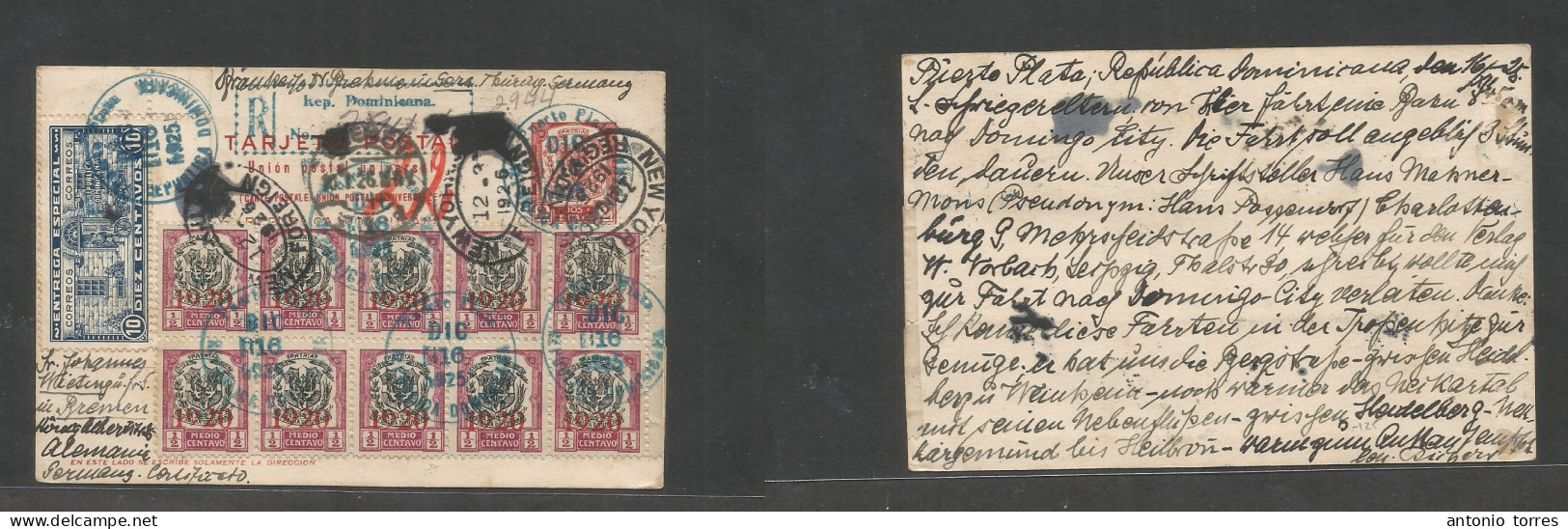 Dominican Rep. 1925 (16 Dec) Puerto Plata - Germany, Bremen. Registered Multifkd 2c Red Stat Card + Eleven Adtls, Tied B - Dominicaine (République)